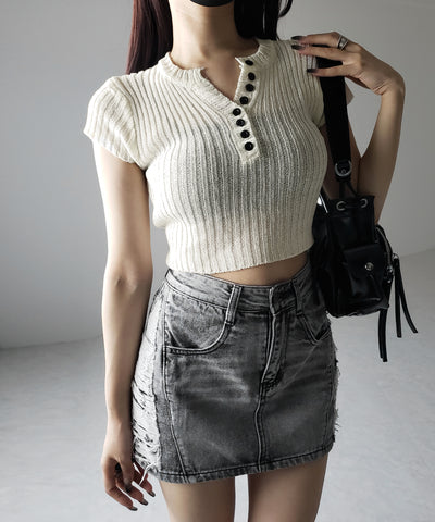キーネックショートサマーリブニットトップス / Key neck short summer rib knit tops