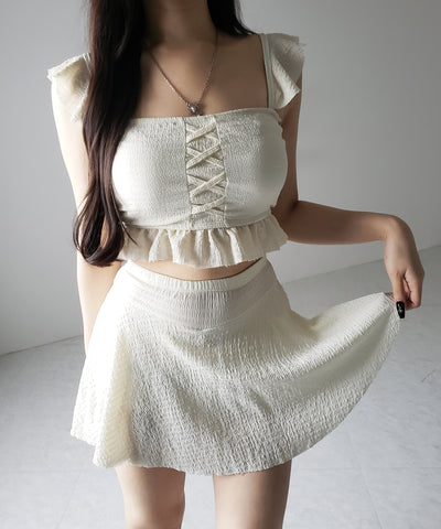 【 レディース水着/2点セット 】レースアップショルダーフリルハイウエストフレアビキニ / lace-up shoulder frill high waist flare bikini