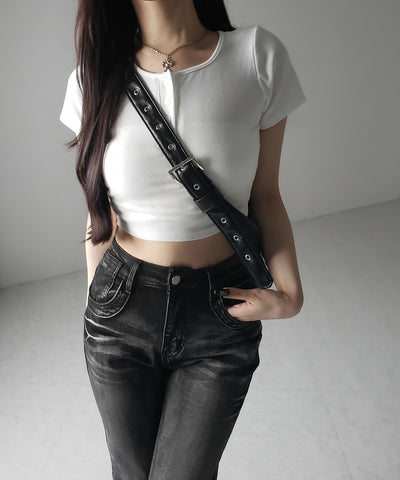 ヘンリーネック半袖ショートリブTシャツ /henley neck short sleeve short lib T-shirt