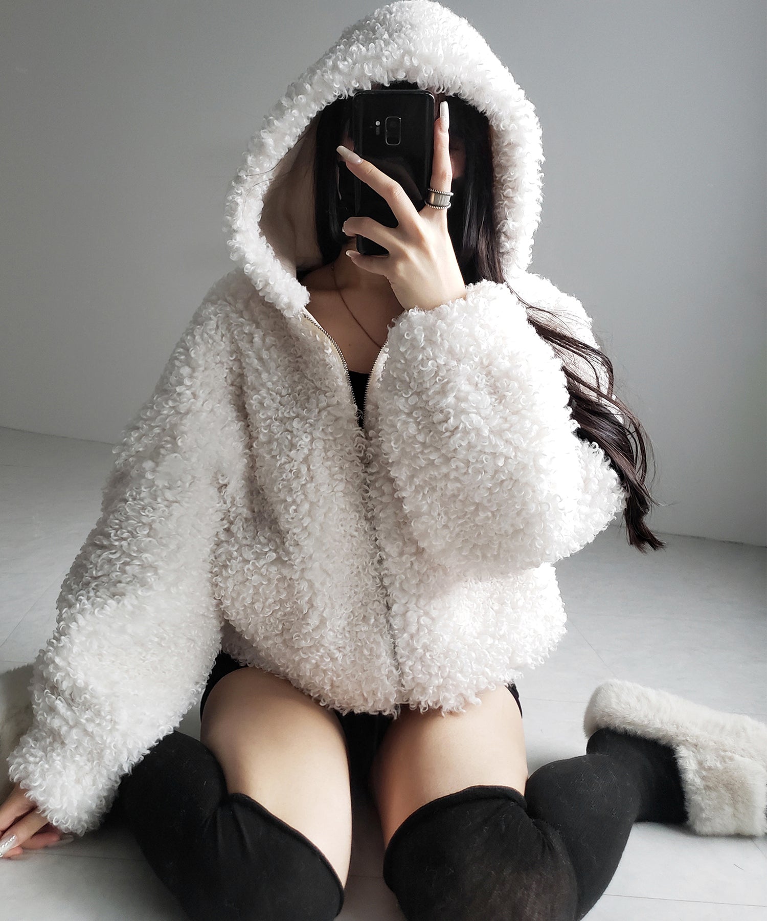 テディボアジップアップフーディクロップドコート / teddy boa zipup hoodie cropped cat