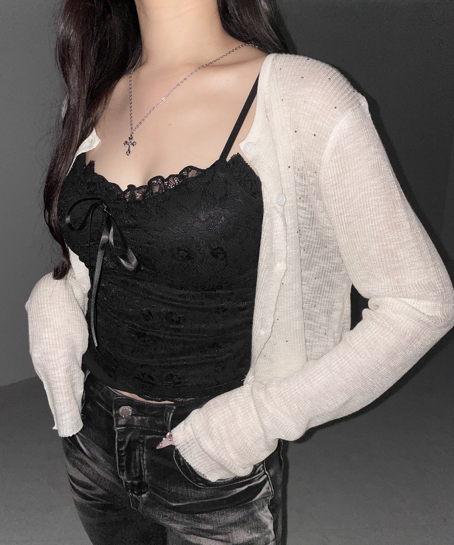 ラインストーンシアーニットカーディガン / Rhine stone sheer knit cardigan