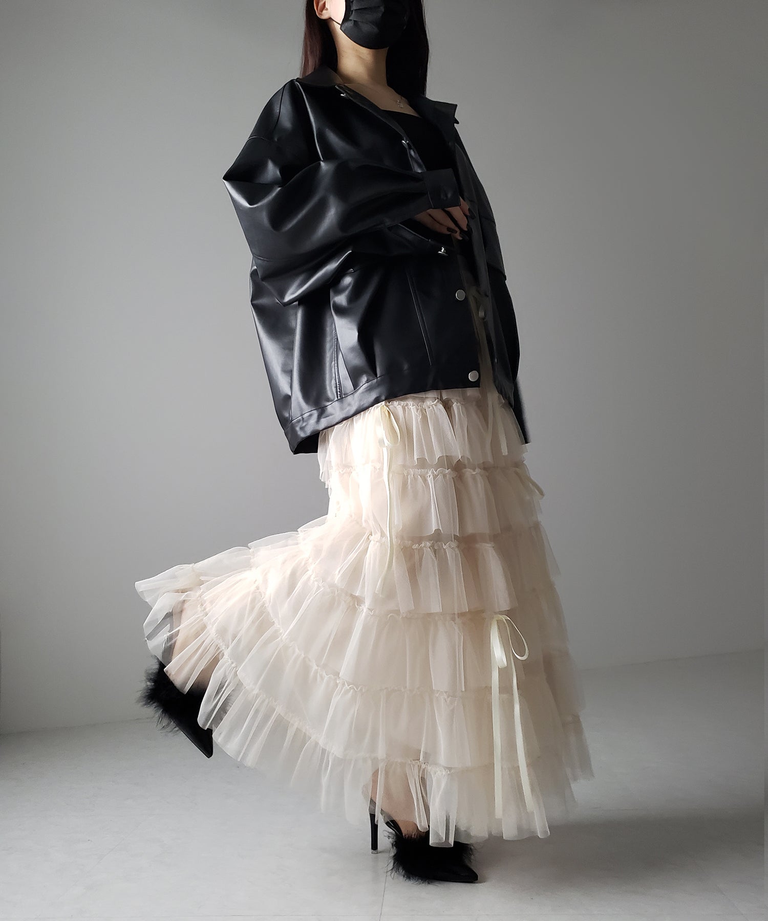 【 新色ピンク追加!/5color 】ストラップリボンバレエコアチュールスカート /strap ribbon ballet core tulle skirt