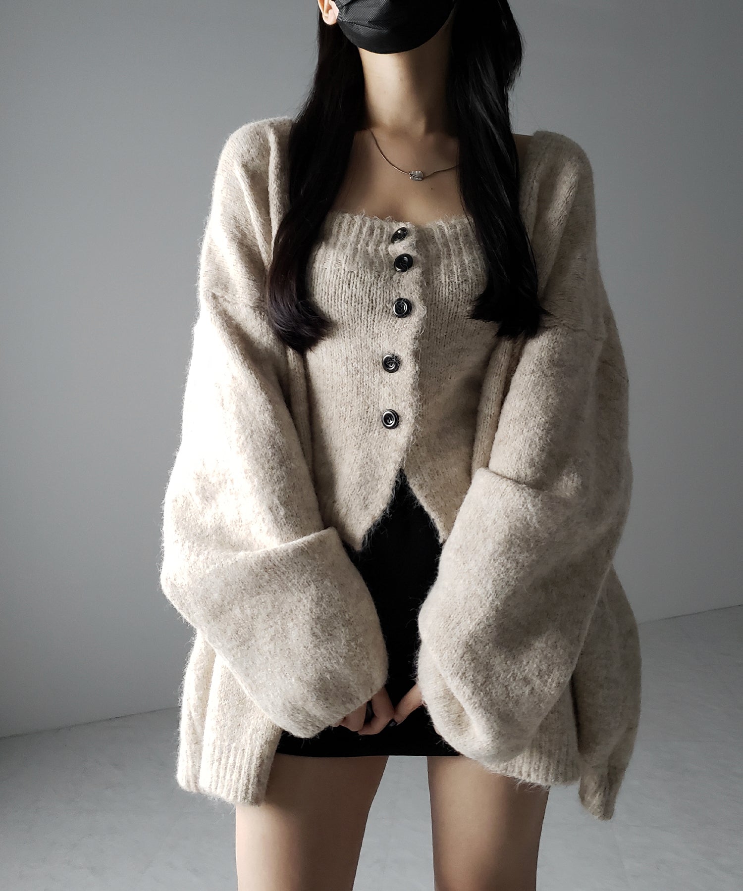 【 新色追加 /2点セット 】ニットボタンビスチェ +ロングカーディガンセット / knit button bustier + long cardigan set