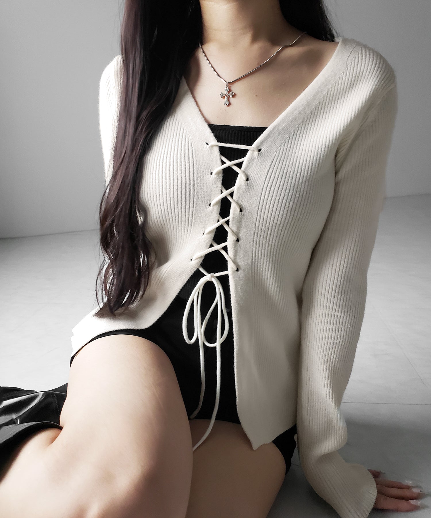 【 3color 】レースアップリボンリブニットカーディガン / lace up ribbon rib knit cardigan