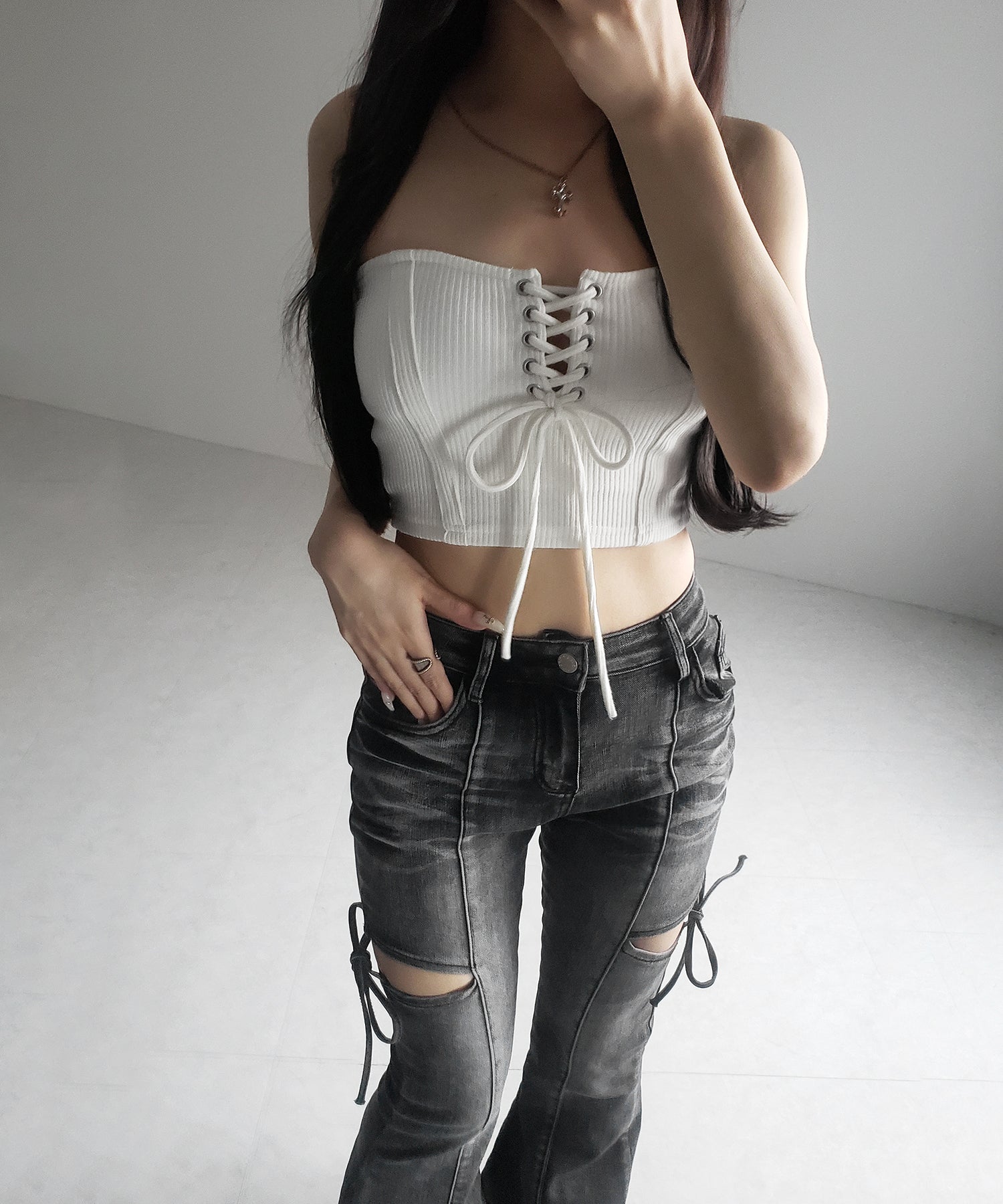【カップ付き 】レースアップコルセットリボンショートリブベアトップ / laceup corset ribbon short ribbed bare top