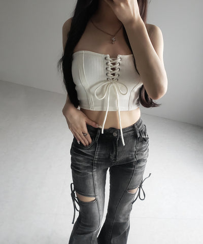 【カップ付き 】レースアップコルセットリボンショートリブベアトップ / laceup corset ribbon short ribbed bare top