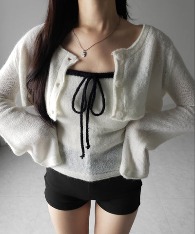 【 2点セット 】フロントリボンニットベアトップ + 長袖ショートカーディガン SET / front ribbon knit bare top + long sleeve short cardigan set