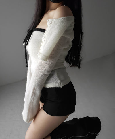 【 2点セット 】フロントリボンニットベアトップ + 長袖ショートカーディガン SET / front ribbon knit bare top + long sleeve short cardigan set
