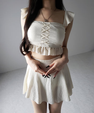 【 レディース水着/2点セット 】レースアップショルダーフリルハイウエストフレアビキニ / lace-up shoulder frill high waist flare bikini