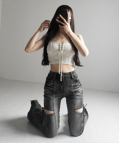 【カップ付き 】レースアップコルセットリボンショートリブベアトップ / laceup corset ribbon short ribbed bare top