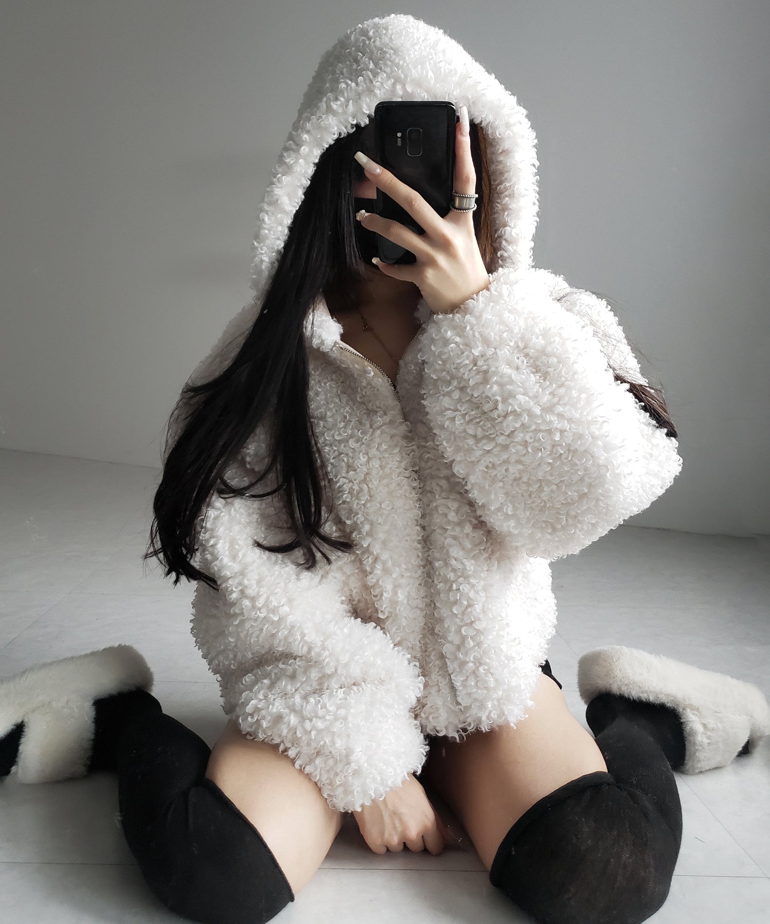 テディボアジップアップフーディクロップドコート / teddy boa zipup hoodie cropped cat