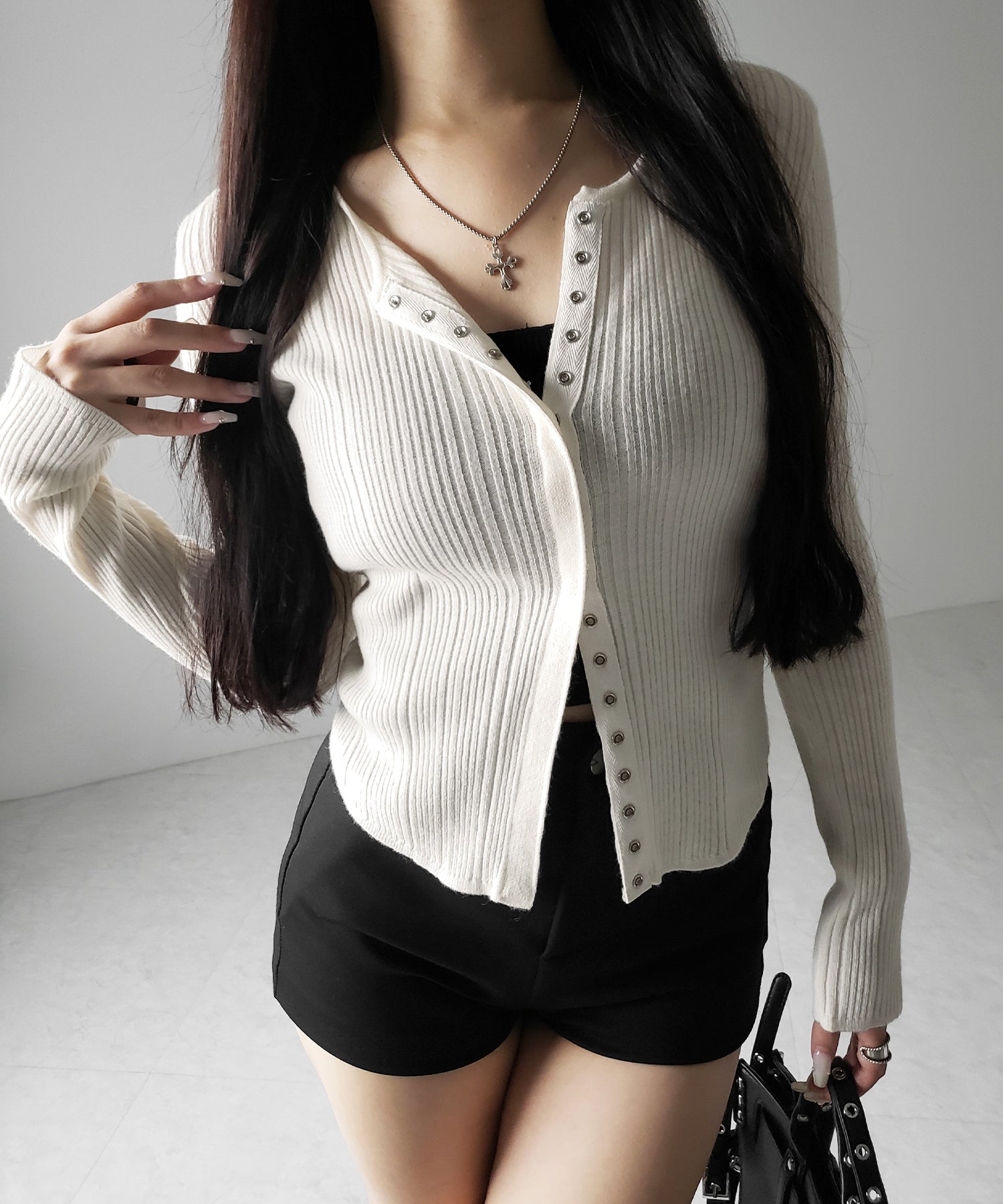 【 3color 】スナップボタンリブニットスリムカーディガン / snap button rib knit slim cardigan
