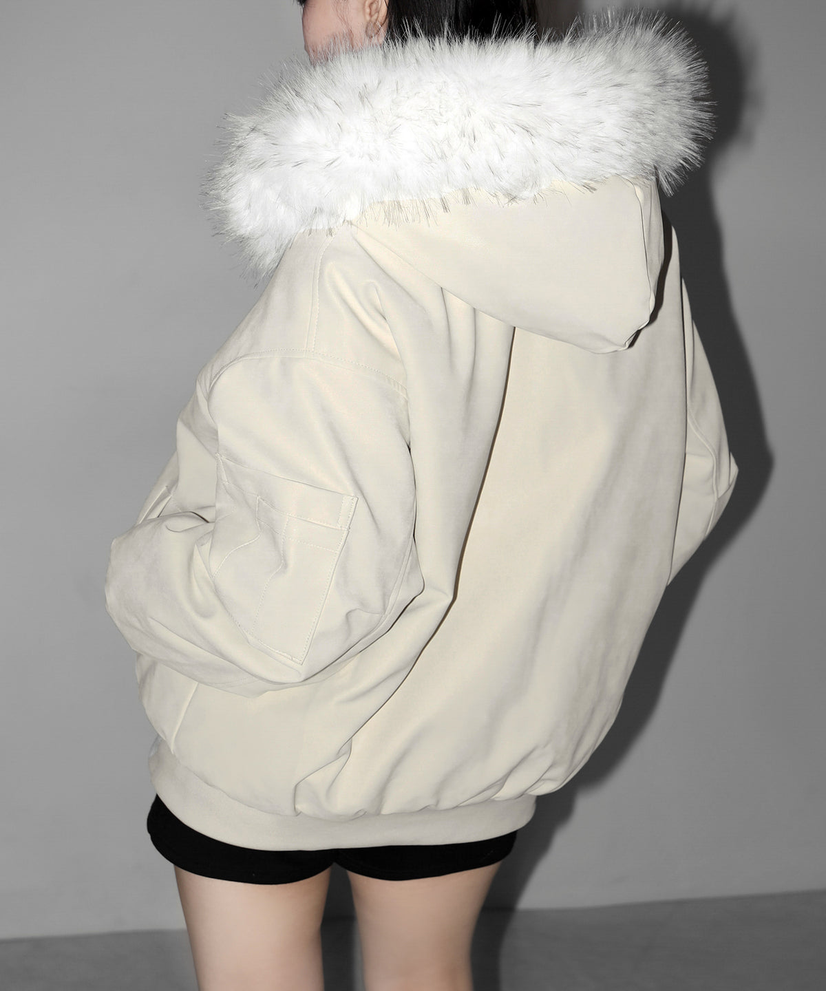ファーフードヴィンテージフェイクレザーオーバーブルゾン / fur hooded vintage fake leather over blouson