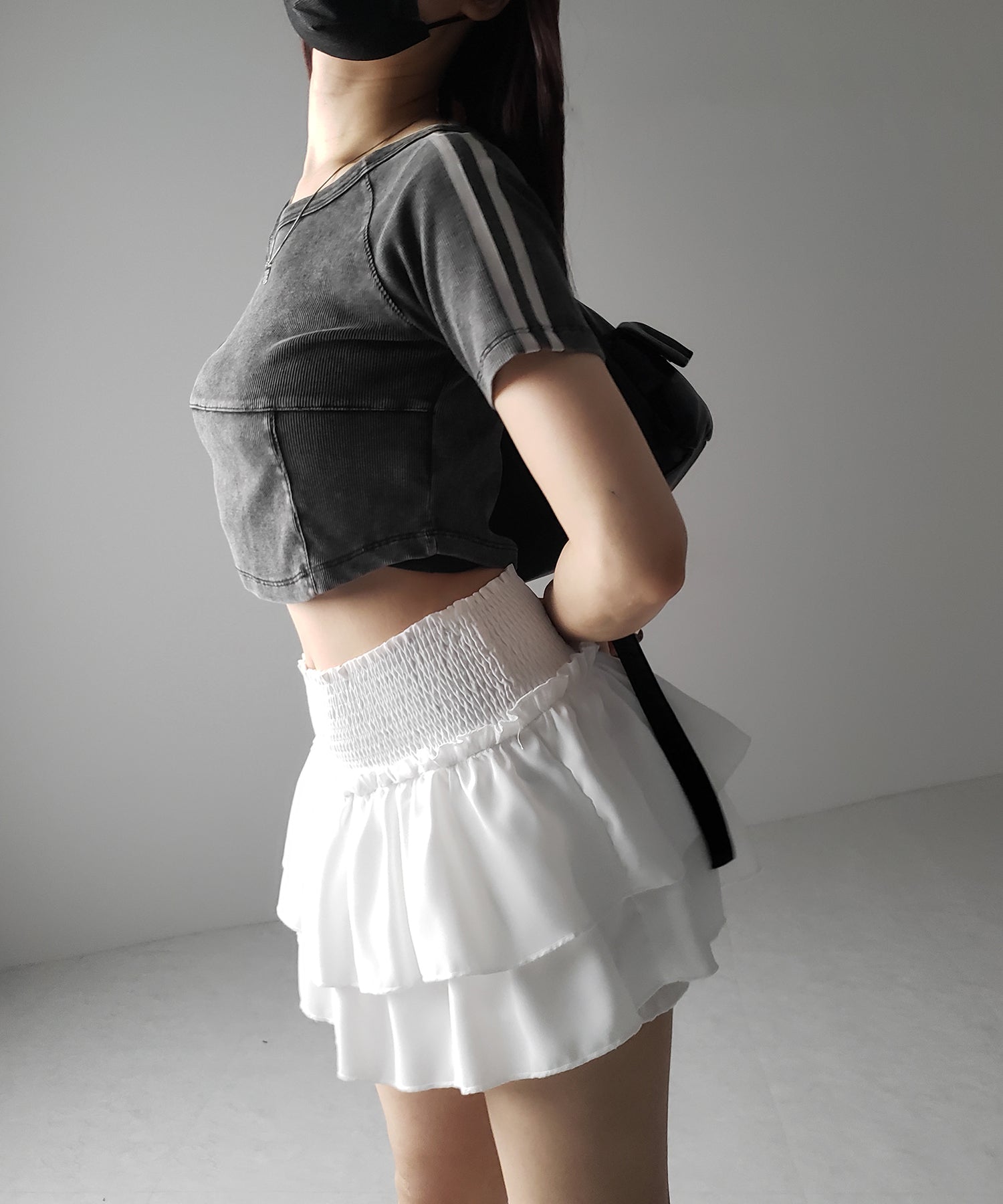 【 3color / 3size 】2段フリルシャーリングミニスカパン / double frill shirring mini skirt pants
