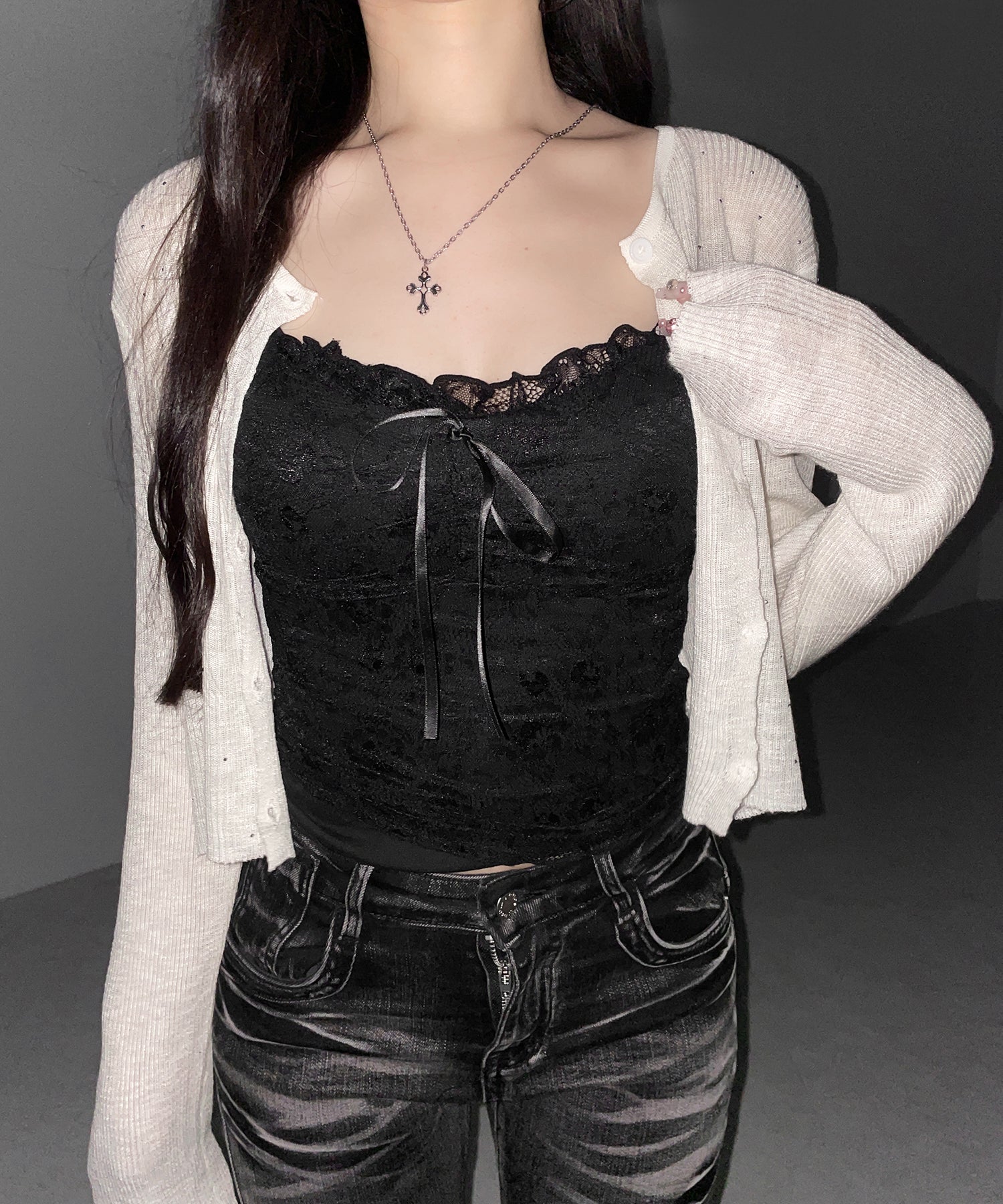 ラインストーンシアーニットカーディガン / Rhine stone sheer knit cardigan