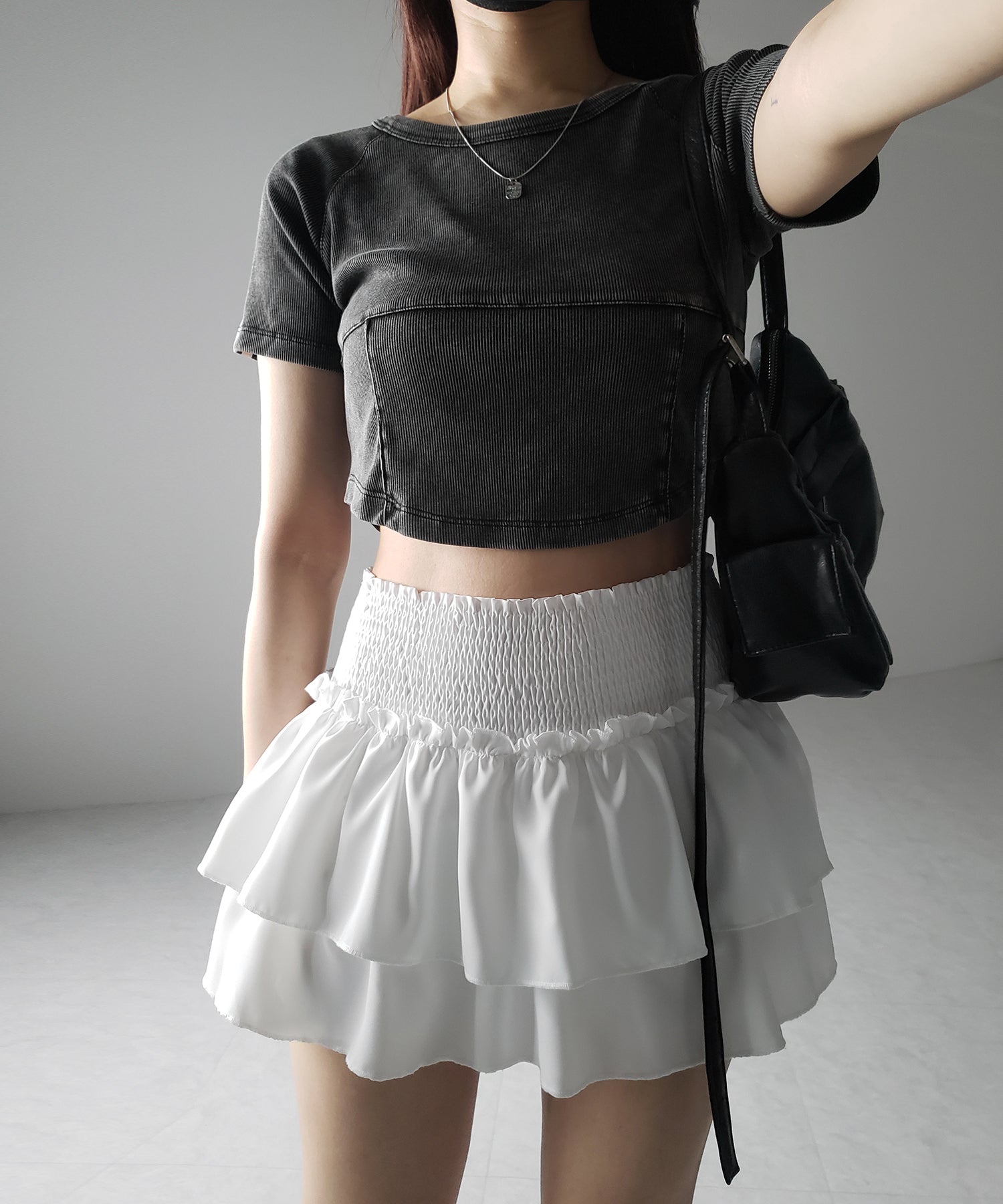 【 3color / 3size 】2段フリルシャーリングミニスカパン / double frill shirring mini skirt pants