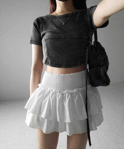 2段フリルシャーリングミニスカパン / double frill shirring mini skirt pants