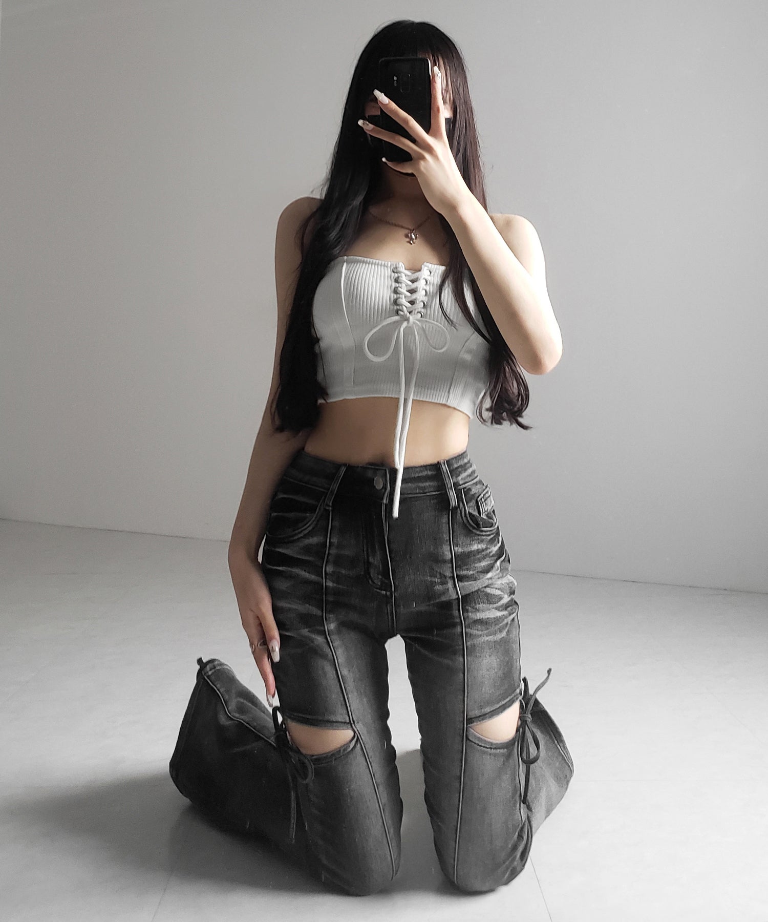 【カップ付き 】レースアップコルセットリボンショートリブベアトップ / laceup corset ribbon short ribbed bare top