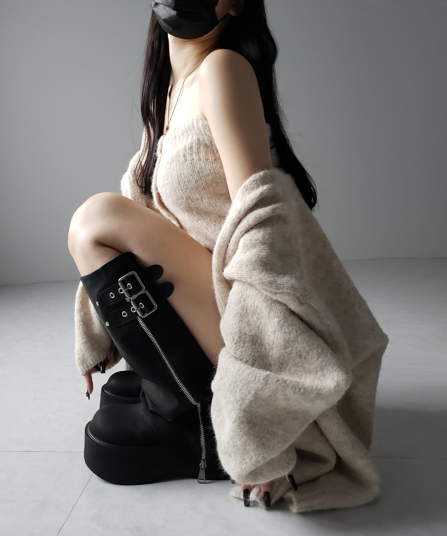 【 新色追加 /2点セット 】ニットボタンビスチェ +ロングカーディガンセット / knit button bustier + long cardigan set