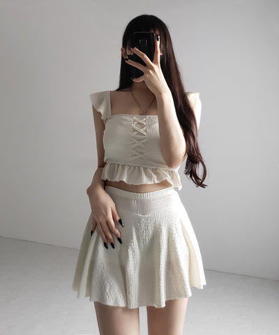 【 レディース水着/2点セット 】レースアップショルダーフリルハイウエストフレアビキニ / lace-up shoulder frill high waist flare bikini