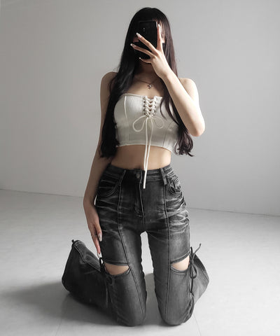【カップ付き 】レースアップコルセットリボンショートリブベアトップ / laceup corset ribbon short ribbed bare top