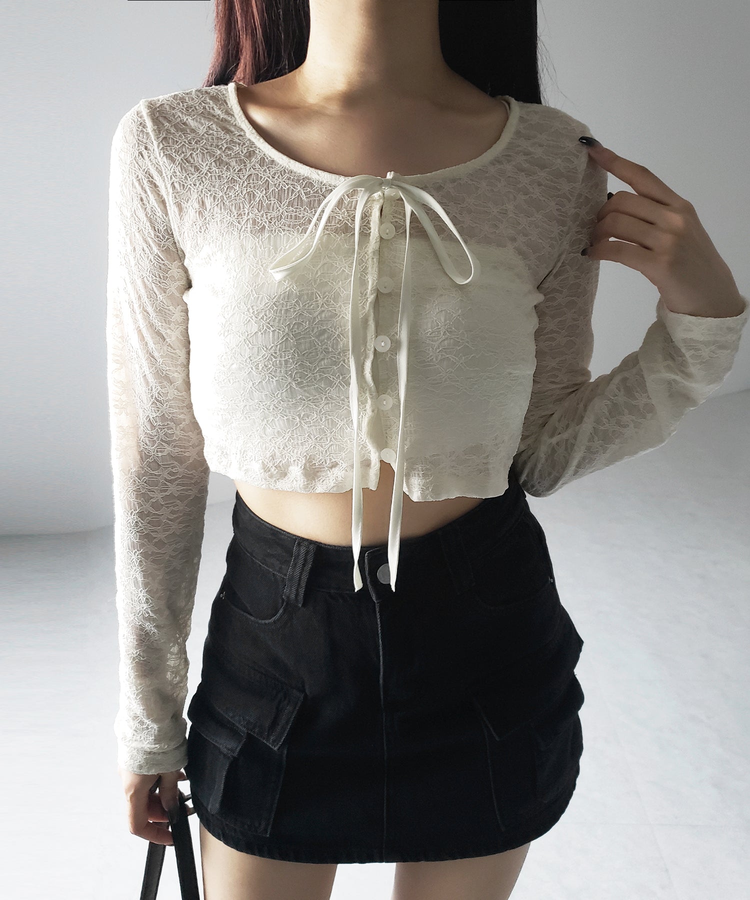 【 2WAY 】クロスストラップリボンショートレースカーディガン / cross strap ribbon short lace cardigan
