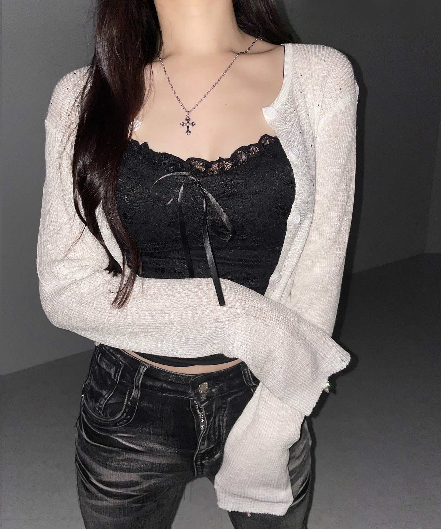 ラインストーンシアーニットカーディガン / Rhine stone sheer knit cardigan