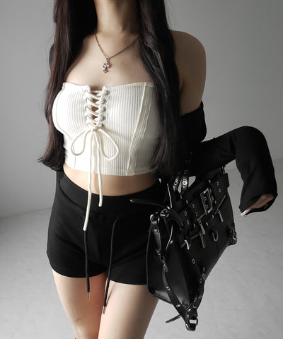 【カップ付き 】レースアップコルセットリボンショートリブベアトップ / laceup corset ribbon short ribbed bare top