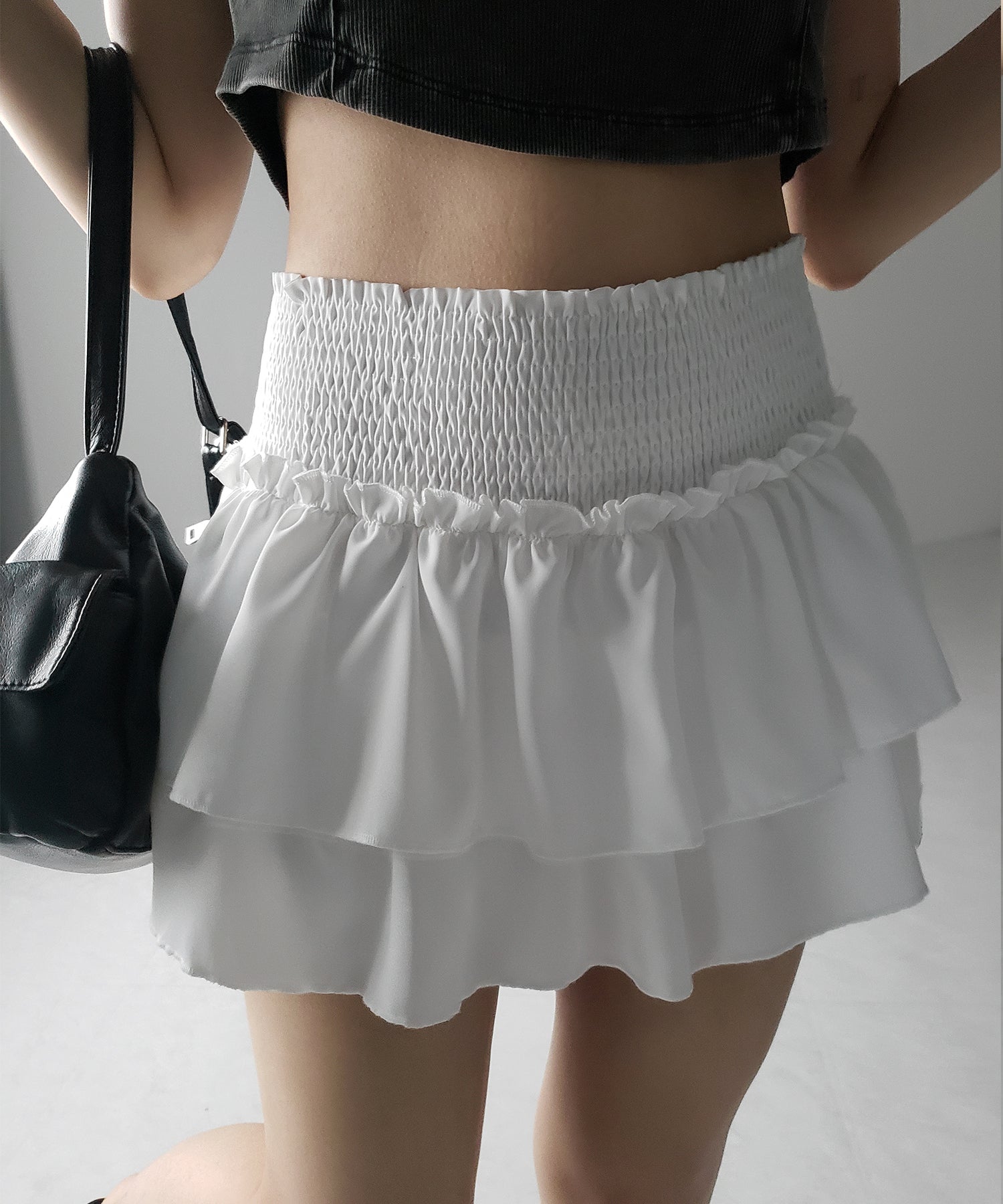【 3color / 3size 】2段フリルシャーリングミニスカパン / double frill shirring mini skirt pants