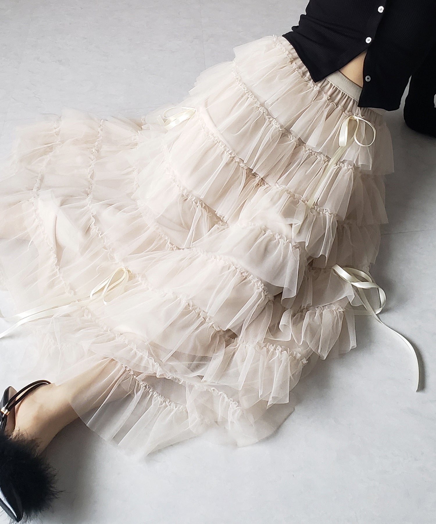 【 新色ピンク追加!/5color 】ストラップリボンバレエコアチュールスカート /strap ribbon ballet core tulle skirt