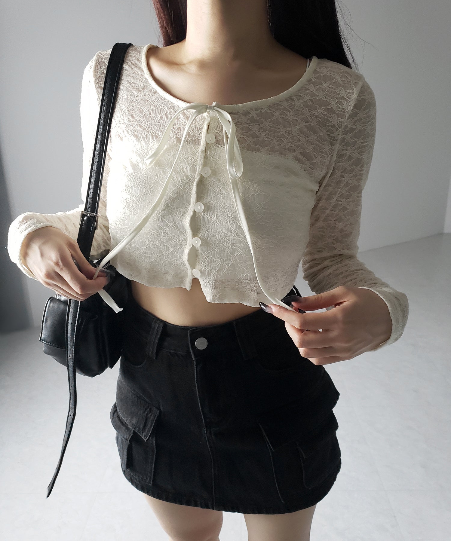 【 2WAY 】クロスストラップリボンショートレースカーディガン / cross strap ribbon short lace cardigan