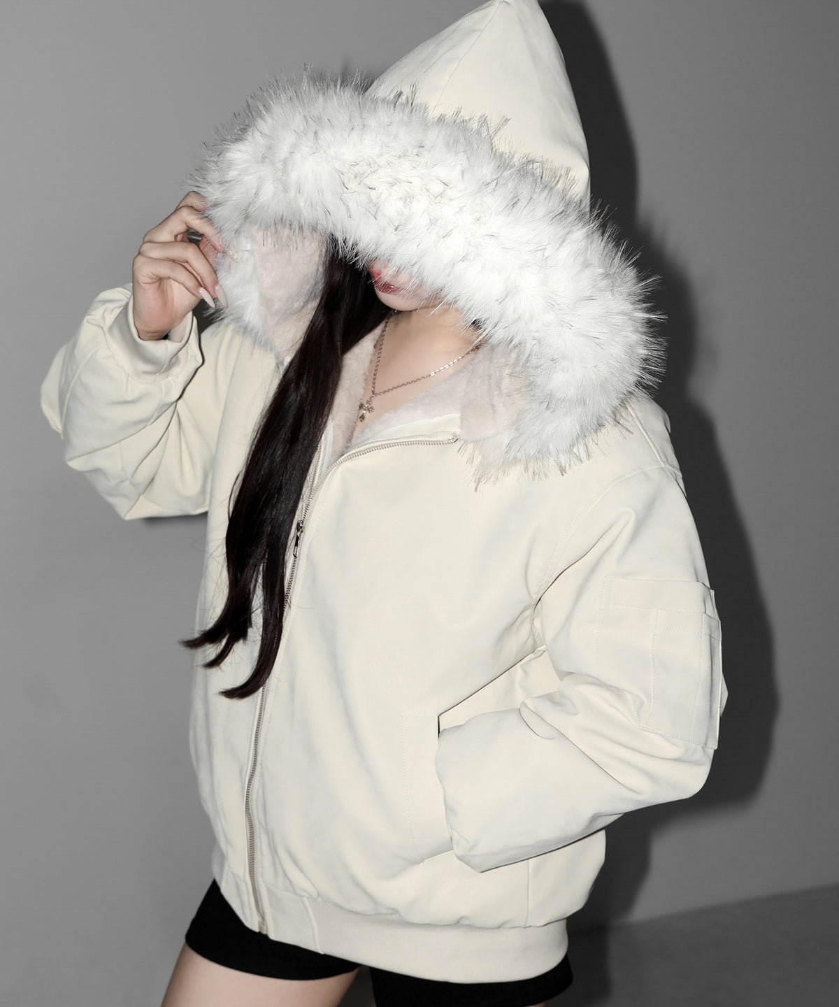 ファーフードヴィンテージフェイクレザーオーバーブルゾン / fur hooded vintage fake leather over blouson