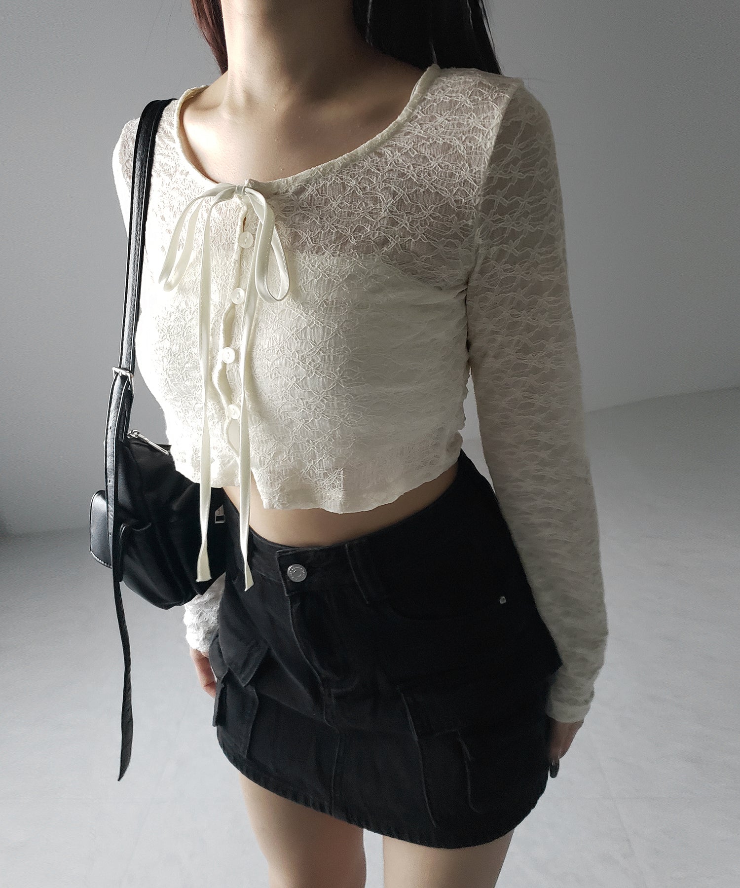 【 2WAY 】クロスストラップリボンショートレースカーディガン / cross strap ribbon short lace cardigan