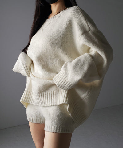 【 ニットセットアップ 】フラッフィーオーバーサイズニット + ニットショートパンツ SET / fluffy over size knit + knit short pants SET