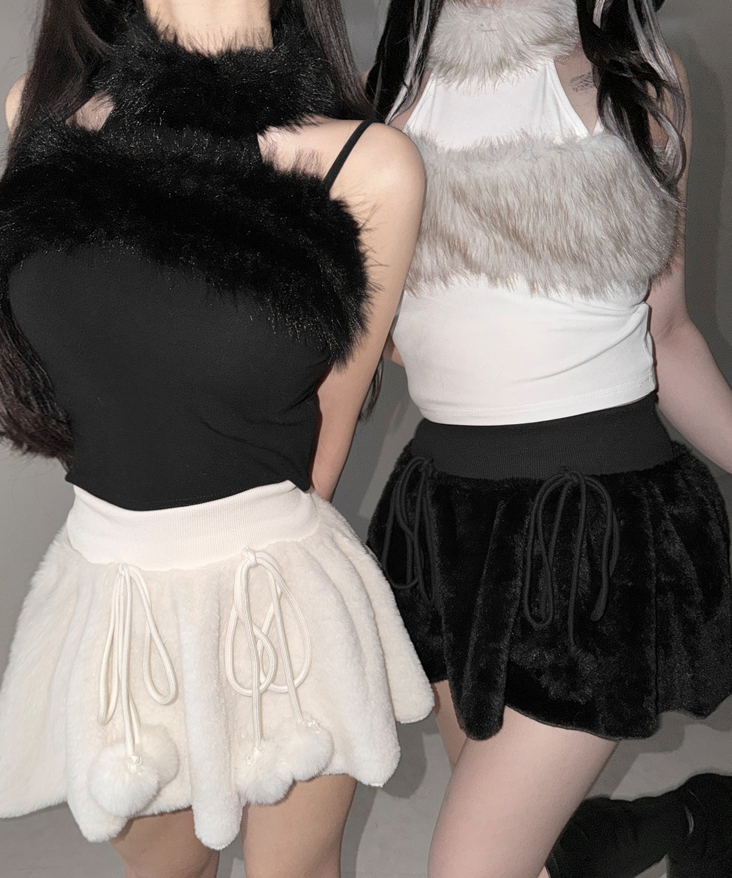 【 インパン裏地付き 】ポンポン付ファーフレアミニスカート / ponpon fur flare mini skirt