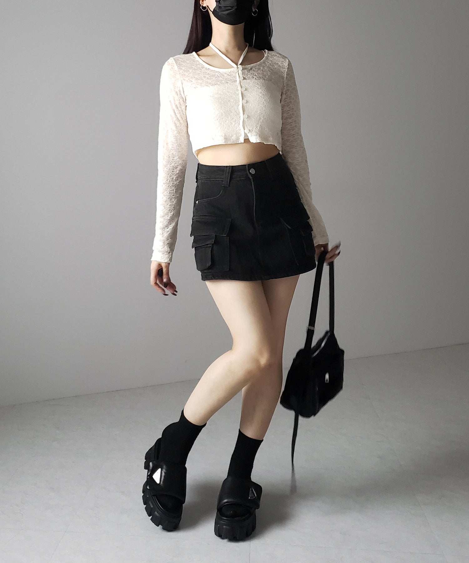 【 2WAY 】クロスストラップリボンショートレースカーディガン / cross strap ribbon short lace cardigan