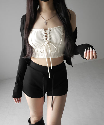 【カップ付き 】レースアップコルセットリボンショートリブベアトップ / laceup corset ribbon short ribbed bare top