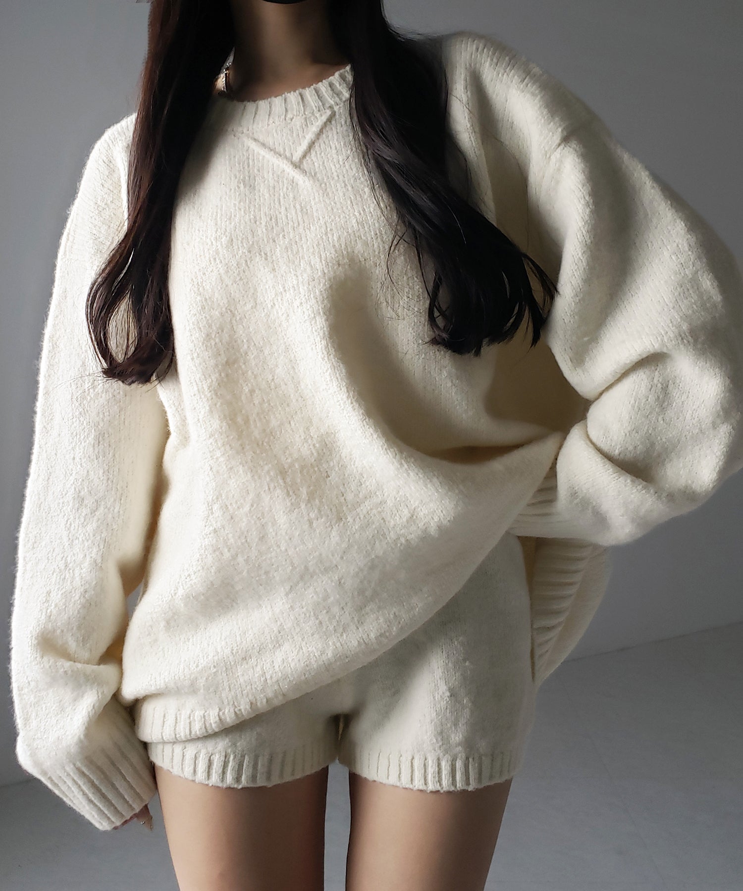 【 ニットセットアップ 】フラッフィーオーバーサイズニット + ニットショートパンツ SET / fluffy over size knit + knit short pants SET