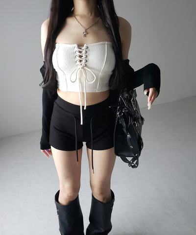 【カップ付き 】レースアップコルセットリボンショートリブベアトップ / laceup corset ribbon short ribbed bare top