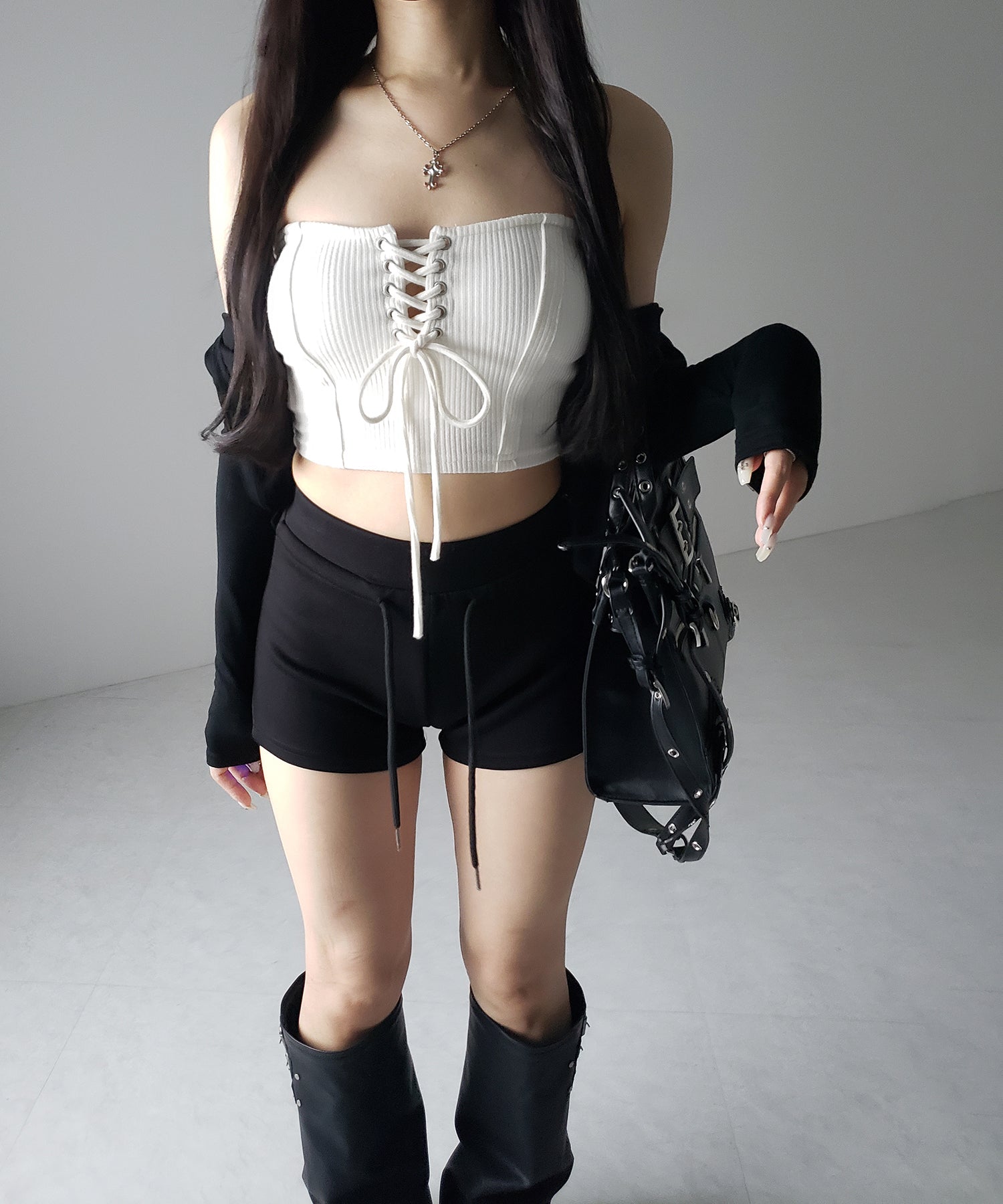 【カップ付き 】レースアップコルセットリボンショートリブベアトップ / laceup corset ribbon short ribbed bare top