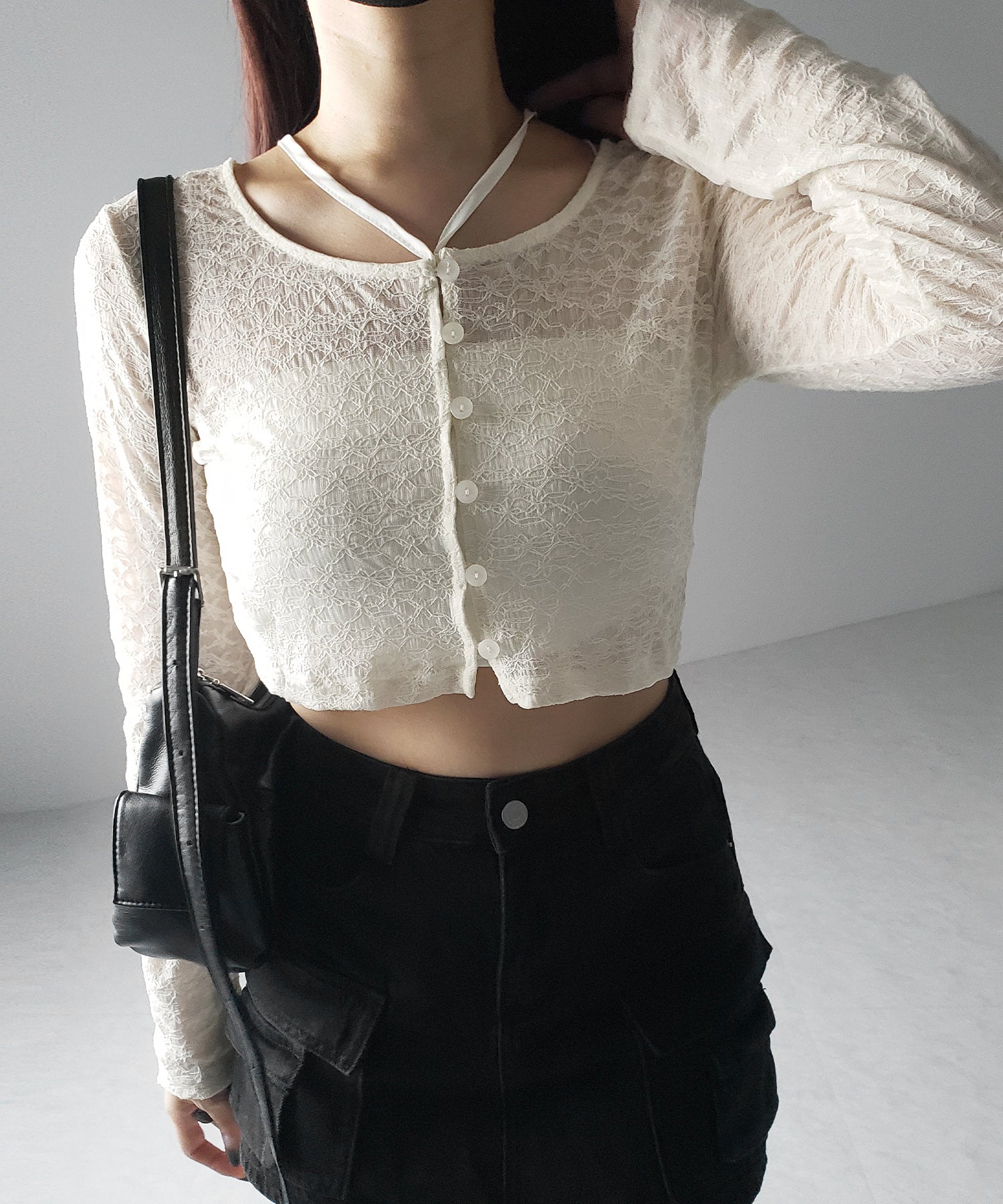 【 2WAY 】クロスストラップリボンショートレースカーディガン / cross strap ribbon short lace cardigan