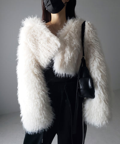 シャギーファーノーカラーボリュームショートコート/ shaggy fur nocollar volume short coat