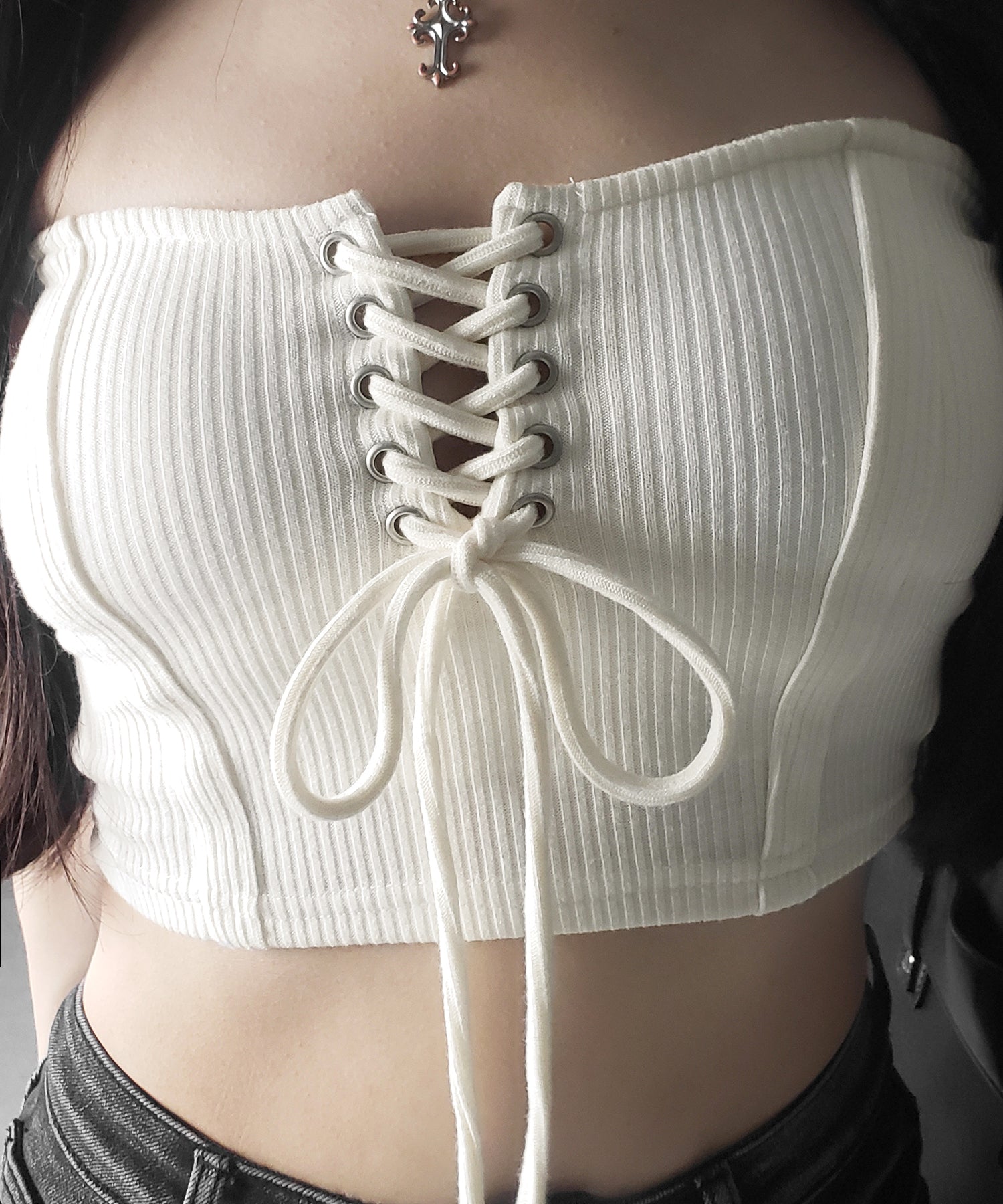【カップ付き 】レースアップコルセットリボンショートリブベアトップ / laceup corset ribbon short ribbed bare top