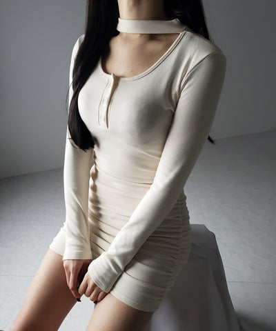 【 3color / 裏起毛 】チョーカーネックシャーリングミニワンピース / choker neck shirring mini onepiece