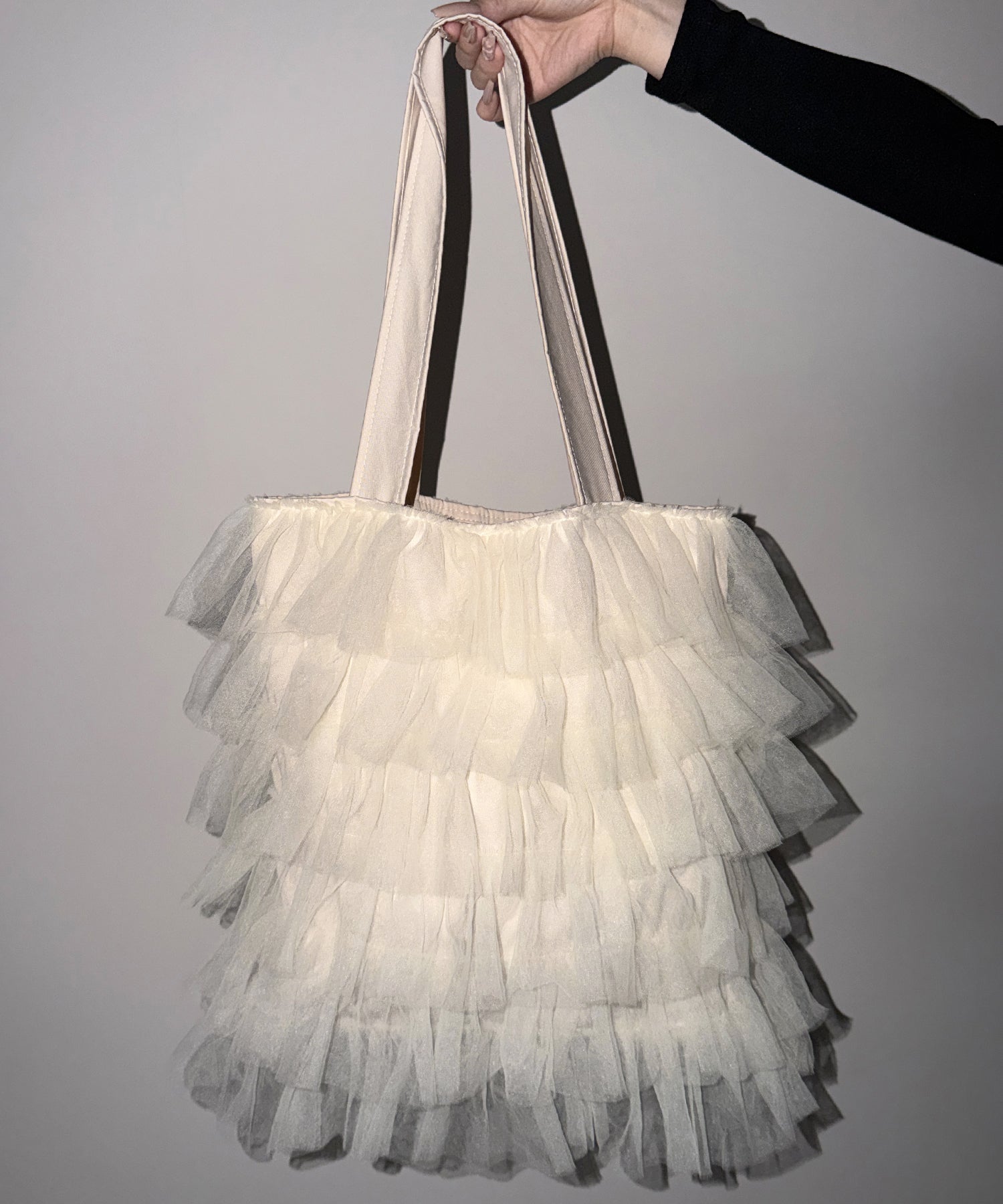 【 3color / A4収納可 】チュールフリルスクエアトートバッグ / tulle frill square tote bag
