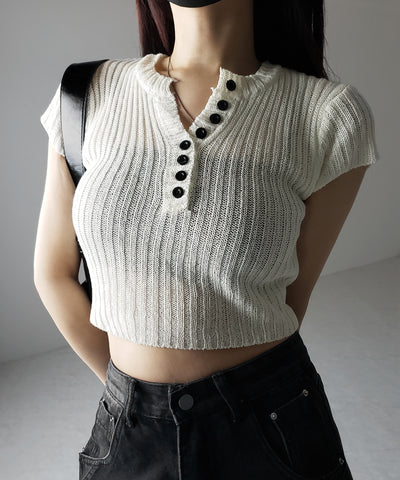 キーネックショートサマーリブニットトップス / Key neck short summer rib knit tops