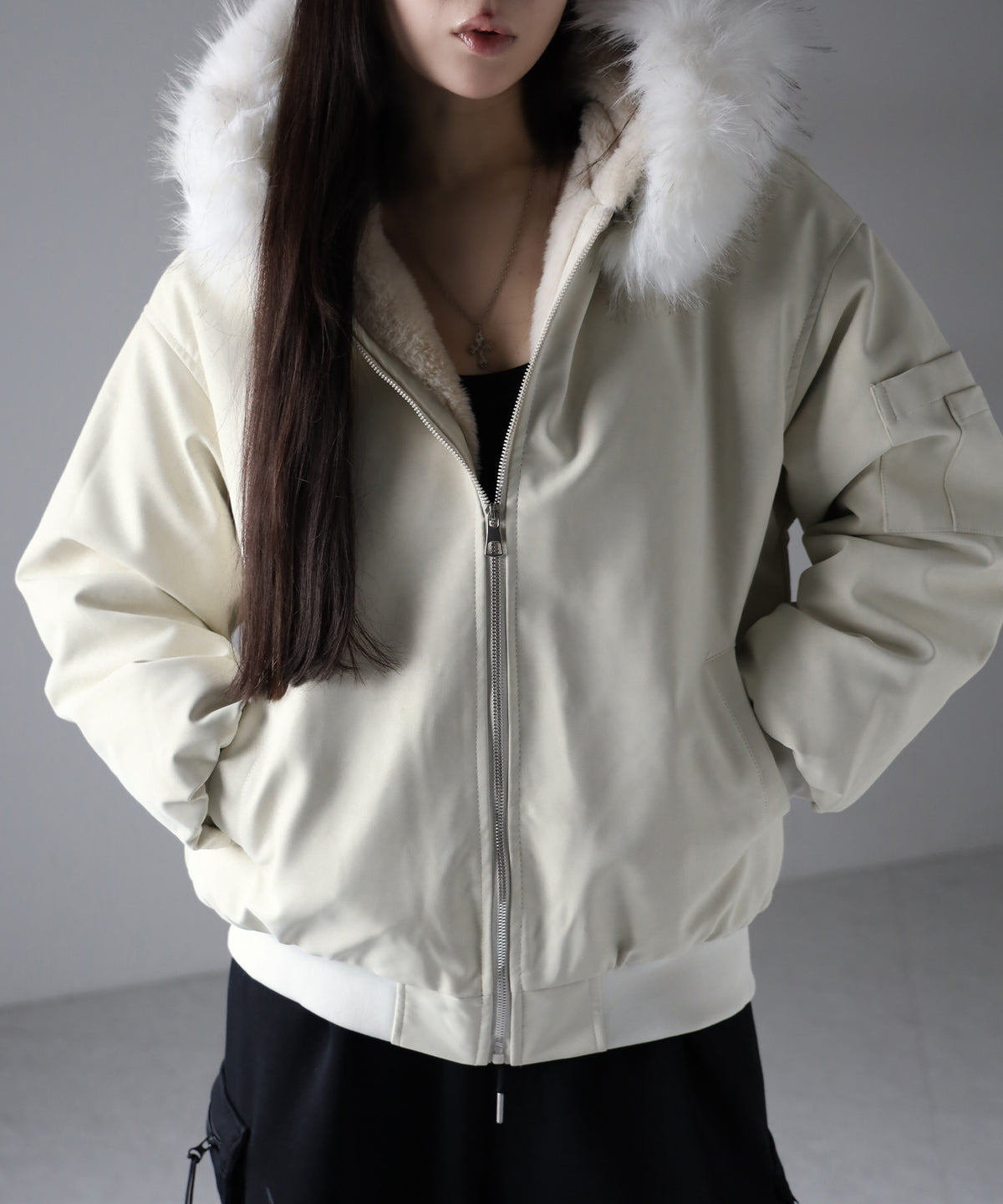 ファーフードヴィンテージフェイクレザーオーバーブルゾン / fur hooded vintage fake leather over blouson