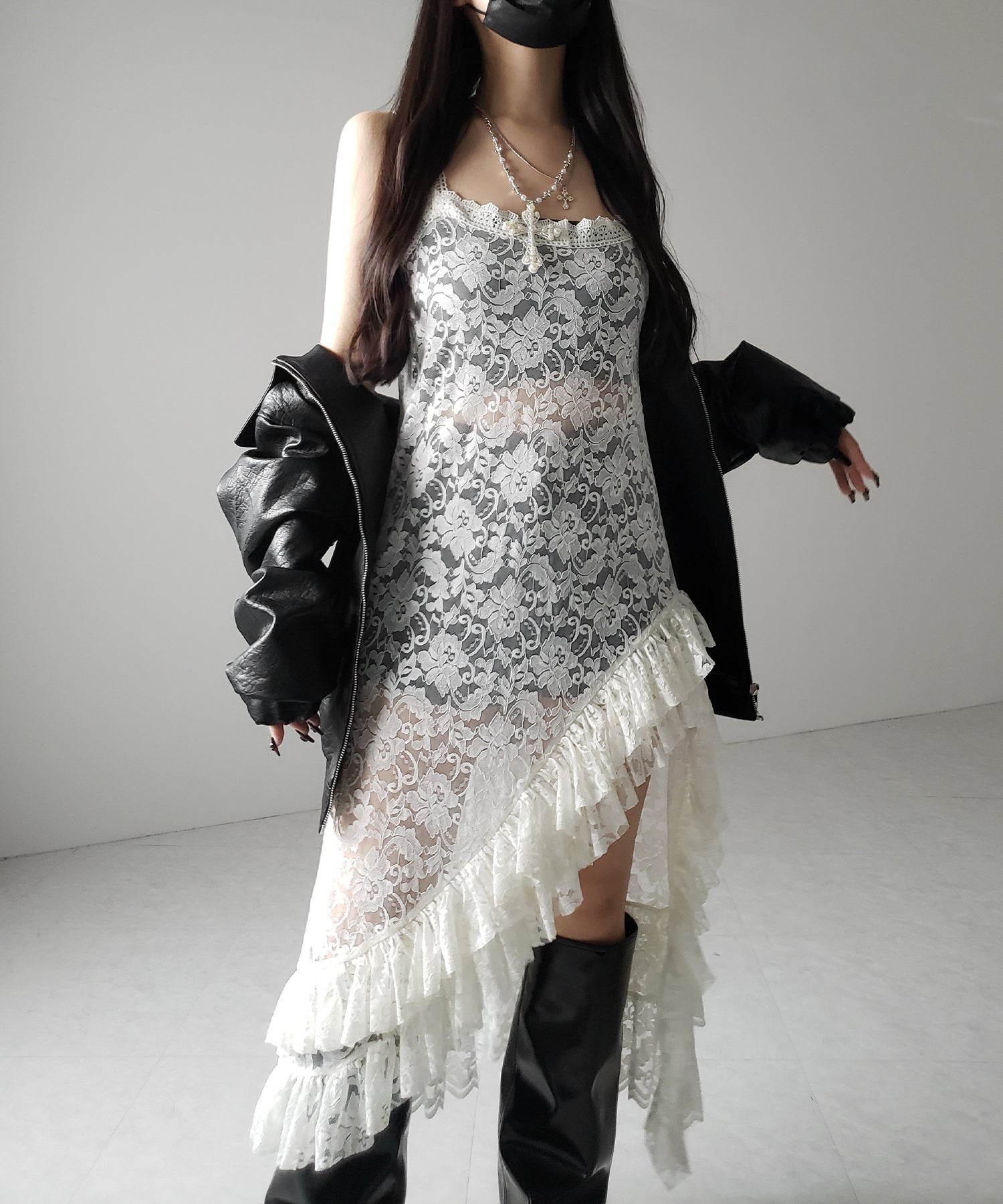 【 2color 】アシンメトリーフリルレイヤードレースキャミワンピース / asymmetry frill layered lace cami onepiece