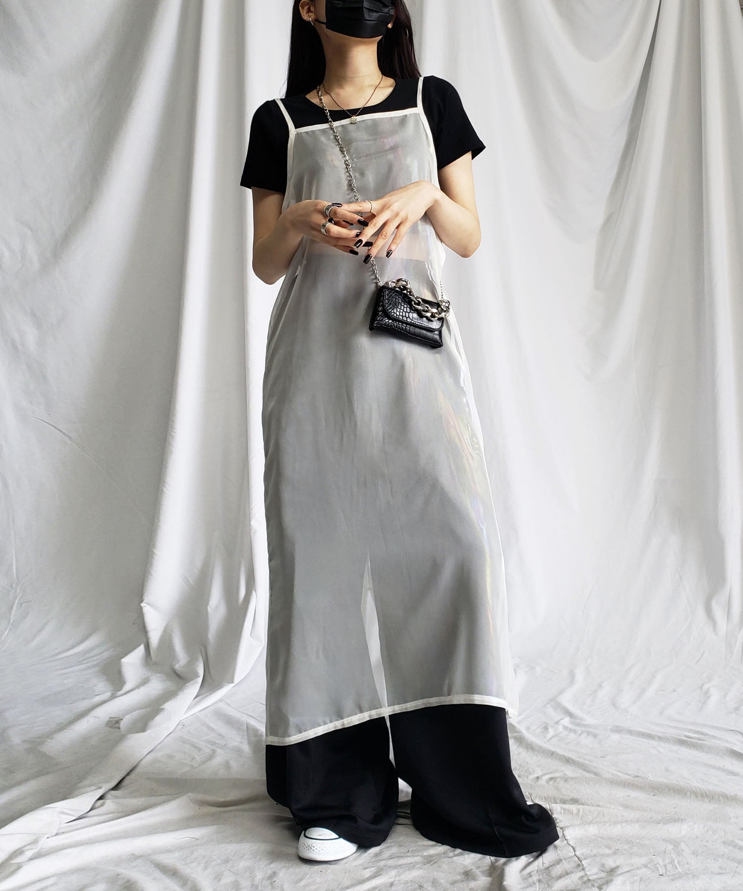 【 3color 】オーロラグロスオーガンジーバックスリットストレートキャミワンピース / Aurora gloss organdy backslit straight cami onepiece