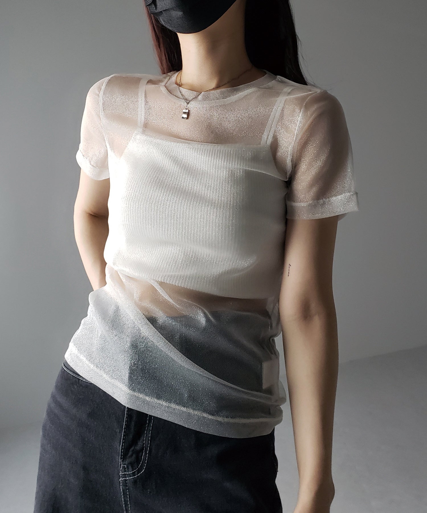 【 選べる3color/2size 】シルバーラメチュールシースルーTシャツ
